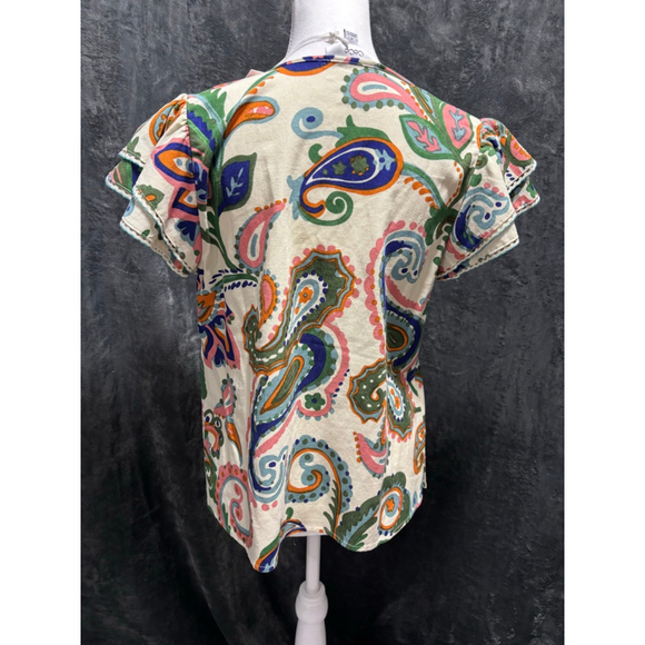 NWT Cece Linen Blend Paisley Ruffle Sleeve Boho Chic Colorful Top Size Medium - Picture 2 of 7